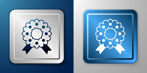 White Christmas wreath icon isolated on blue and grey background. Merry Christmas and Happy New Year. Silver and blue square button. Vector