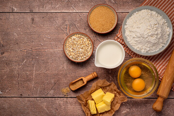 Fototapeta na wymiar Blank photography of ingredients, egg, flour, milk, butter, oat