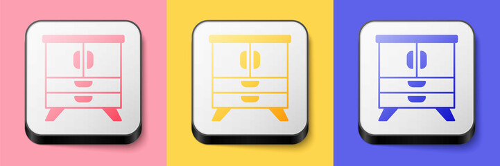 Isometric Chest of drawers icon isolated on pink, yellow and blue background. Square button. Vector