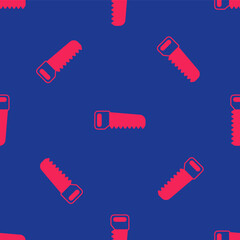 Red Hand saw icon isolated seamless pattern on blue background. Vector