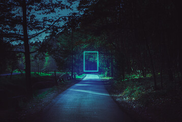Obraz premium Mysterious road. Fairy Mysterious Forest. Mystical atmosphere. Paranormal another world. Stranger forest in a fog. Dark wood. Background wallpaper. Scary forest trees in a fog. Horrible dream.