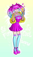 Anime girl illustration on tender gradient background with hand written words wow, so fun, cool, and sketch hearts. Manga teenager with pet. Asian school girl with colorful pink pigtails
