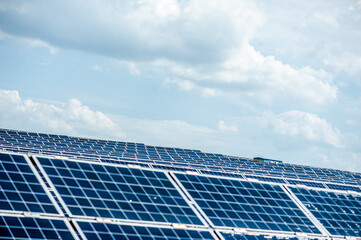 Solar panels and blue sky. Solar panels system power generators from sun. Clean technology for better future