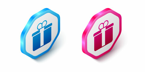 Isometric Gift box icon isolated on white background. Merry Christmas and Happy New Year. Hexagon button. Vector