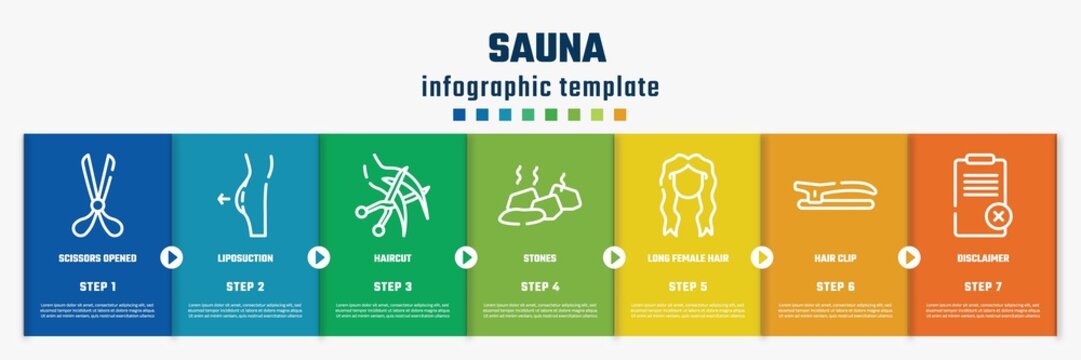 sauna concept infographic design template. included scissors opened tool, liposuction, haircut, stones, long female hair tincture, hair clip, disclaimer icons and 7 option or steps.