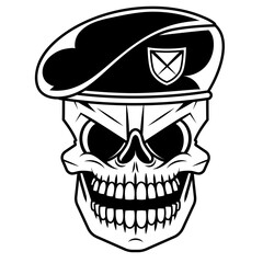 Vintage monochrome soldier skull in beret with cigar and crossed knives isolated vector