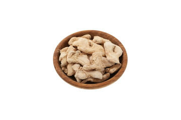 Dried ginger root in wooden bowl on white background, selective focus. Natural Ginger is ground and used as spice in cooking and alternative medicine