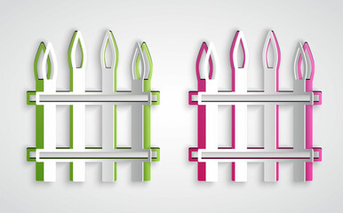 Paper cut Classic iron fence with metal pillars icon isolated on grey background. Ancient wrought iron fence. Paper art style. Vector