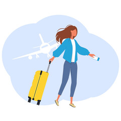 A girl with a suitcase at the airport is in a hurry for a flight. Travel. Vacation and tourism concept. Flat vector illustration. Travel, vacation, company, tourist, suitcase.