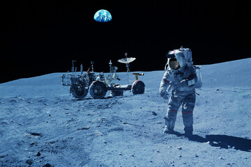 Astronaut on the moon, near the moon rover. Elements of this image furnished by NASA - obrazy, fototapety, plakaty