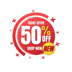 50% percent off, shop, now, Today offer, 3D red and yellow design of a bubble, new discount offers , Vector illustration, Fifty 