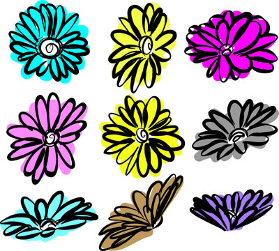 flowers brush stroke colors black outline vector illustration