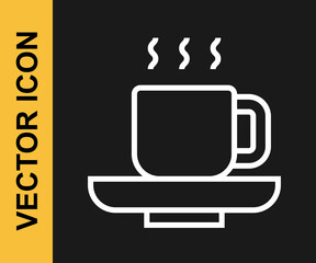 Naklejka premium White line Coffee cup icon isolated on black background. Tea cup. Hot drink coffee. Vector