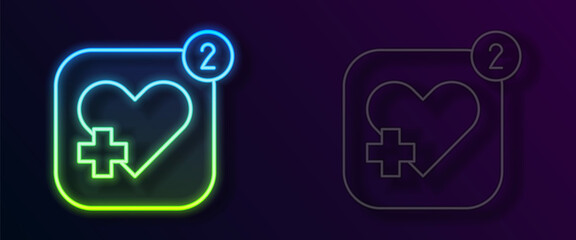 Fototapeta premium Glowing neon line Smartphone with heart rate monitor function icon isolated on black background. Vector