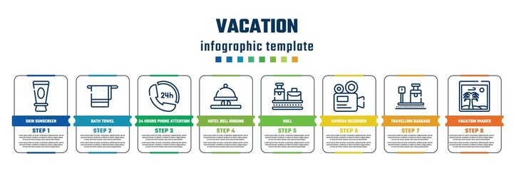 Obraz premium vacation concept infographic design template. included skin sunscreen, bath towel, 24 hours phone attention service, hotel bell ringing, null, camera recorder, travelling baggage weight, vacation