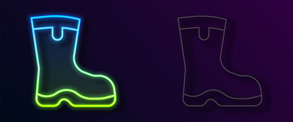 Glowing neon line Fishing boots icon isolated on black background. Waterproof rubber boot. Gumboots for rainy weather, fishing, hunter, gardening. Vector