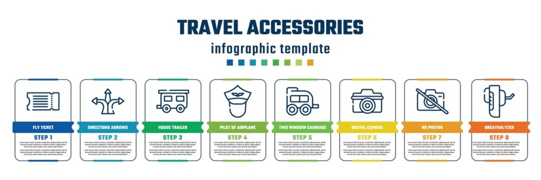 travel accessories concept infographic design template. included fly ticket, directions arrows, house trailer, pilot of airplane, two window carriage, digital camera, no photos, breathalyzer icons