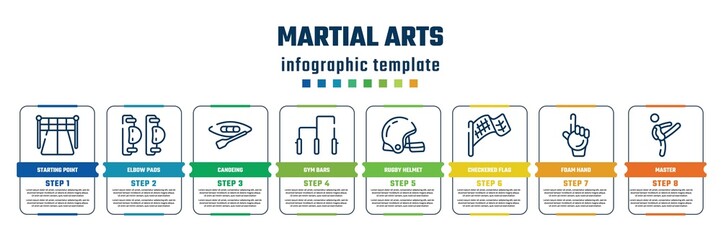 martial arts concept infographic design template. included starting point, elbow pads, canoeing, gym bars, rugby helmet, checkered flag, foam hand, master icons and 8 steps or options.