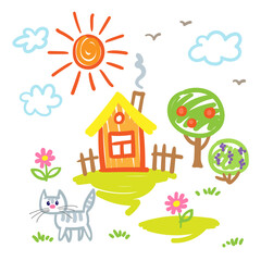 Children's drawing. House, trees, cat, sun, flowers and clouds. In cartoon style. Isolated on white background. Vector illustration