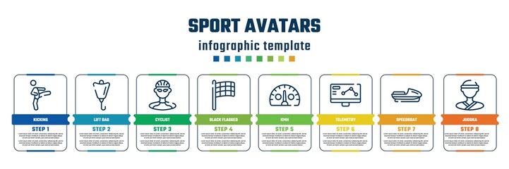 sport avatars concept infographic design template. included kicking, lift bag, cyclist, black flagged, kmh, telemetry, speedboat, judoka icons and 8 steps or options.