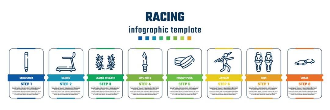 Racing Concept Infographic Design Template. Included Glowstick, Cardio, Laurel Wreath, Dive Knife, Hockey Puck, Javelin, Shin, Chase Icons And 8 Steps Or Options.