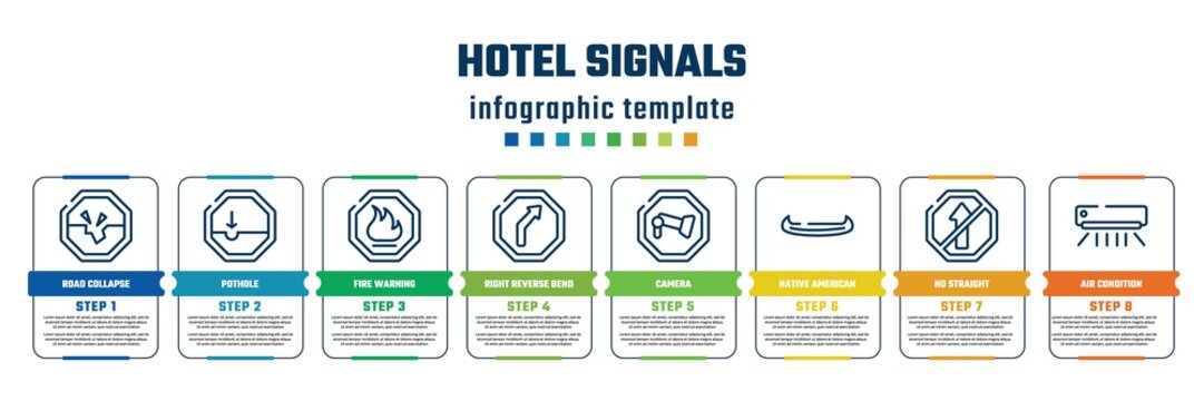 hotel signals concept infographic design template. included road collapse, pothole, fire warning, right reverse bend, camera, native american canoe, no straight, air condition icons and 8 steps or