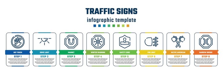 traffic signs concept infographic design template. included not touch, dome light, magnet, winter warning, safety code, fog light, native american axes, narrow bridge icons and 8 steps or options.