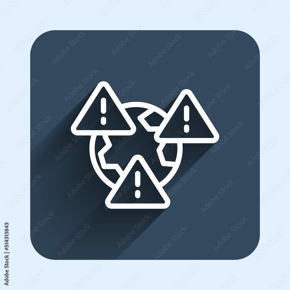 Poster white line planet earth symbol with exclamation mark icon isolated with long shadow background. glob