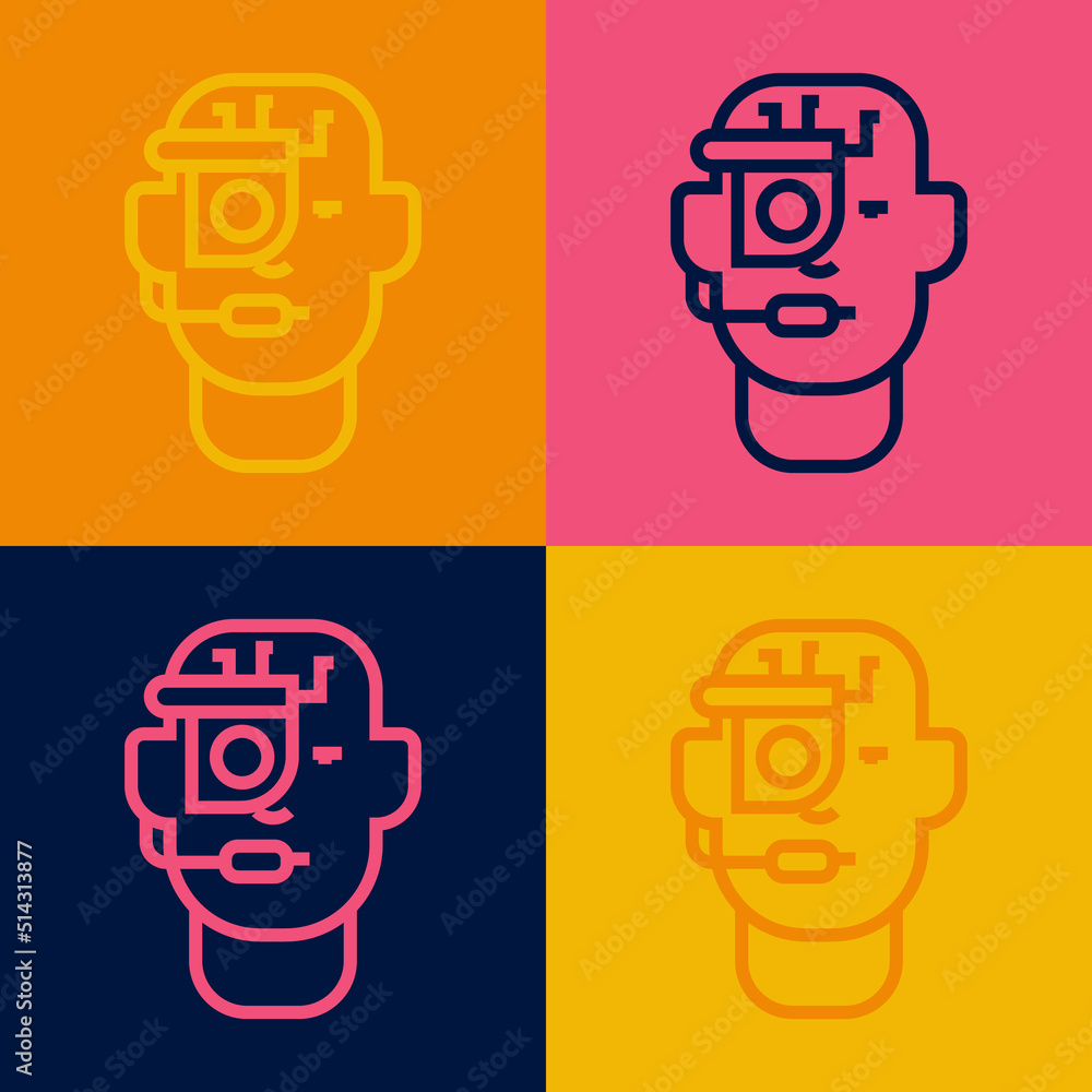Poster Pop art line Smart glasses mounted on spectacles icon isolated on color background. Wearable electronics smart glasses with camera and display. Vector