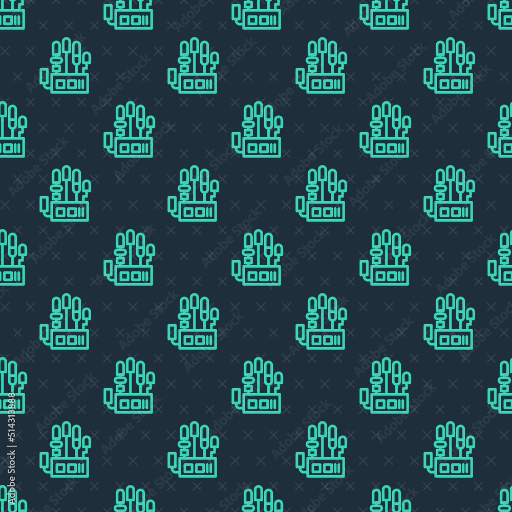 Poster green line mechanical robot hand icon isolated seamless pattern on blue background. robotic arm symb