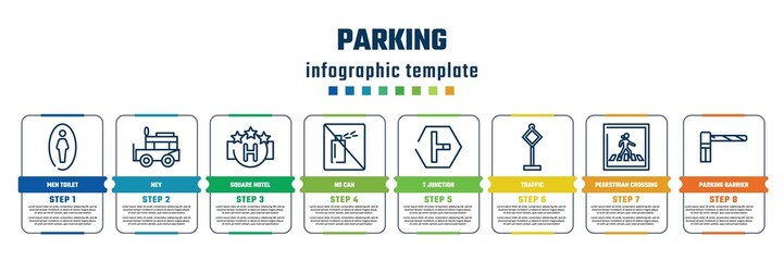 parking concept infographic design template. included men toilet, ney, square hotel, no can, t junction, traffic, pedestrian crossing, parking barrier icons and 8 steps or options.