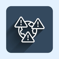 White line Planet earth symbol with exclamation mark icon isolated with long shadow background. Global earth, Exclamation mark danger. Blue square button. Vector