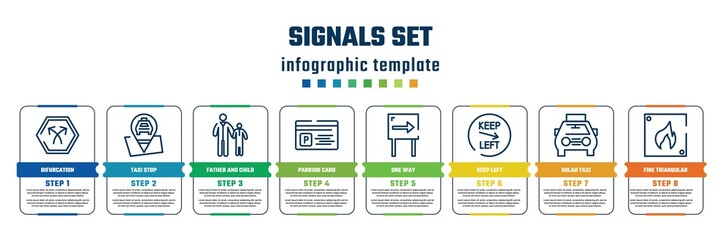 signals set concept infographic design template. included bifurcation, taxi stop, father and child, parking card, one way, keep left, solar taxi, fire triangular icons and 8 steps or options.