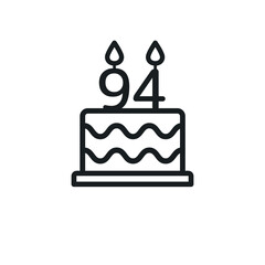 Birthday cake line icon with candle number 94 (ninety-four). Vector.