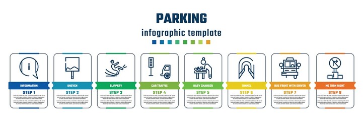 parking concept infographic design template. included information, uneven, slippery, car traffic, baby changer, tunnel, bus front with driver, no turn right icons and 8 steps or options.