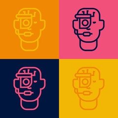 Pop art line Smart glasses mounted on spectacles icon isolated on color background. Wearable electronics smart glasses with camera and display. Vector