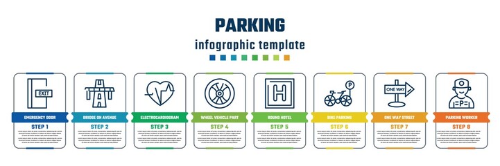 parking concept infographic design template. included emergency door, bridge on avenue perspective, electrocardiogram inside heart, wheel vehicle part, round hotel, bike parking, one way street,