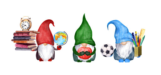 School gnome set with books, globe, ball, pen, pencils, clocks. Watercolor collection illustration for education design