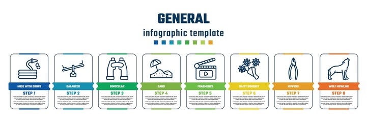general concept infographic design template. included hose with drops, balancer, binocular, sand, fragments, daisy bouquet, nippers, wolf howling icons and 8 steps or options.