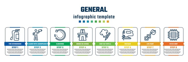 general concept infographic design template. included fire estinguisher, leader with loudspeaker, clockwise, bridge on avenue perspective, chef hat with a pencil, fretsaw, live paint, patch crop