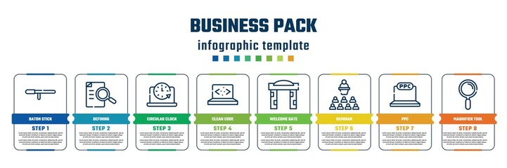 business pack concept infographic design template. included baton stick, defining, circular clock, clean code, welcome gate, seminar, ppc, magnifier tool icons and 8 steps or options.