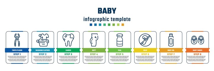 baby concept infographic design template. included tooth pliers, washing clothes, caries, butt, vial, deaf, body oil, baby shoes icons and 8 steps or options.