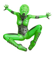 super soldier female doing a comic spider jump