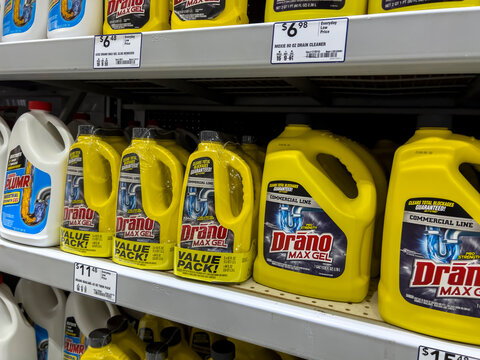 Mill Creek, WA USA - circa June 2022: Angled view of Draino products for sale inside a Lowe's store.