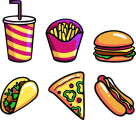 Fast Food Cartoon Illustration Set