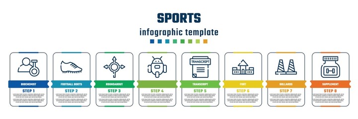 sports concept infographic design template. included biochemist, football boots, roundabout, , transcript, fort, bollards, supplement icons and 8 steps or options.