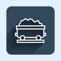 White line Coal train wagon icon isolated with long shadow background. Rail transportation. Blue square button. Vector
