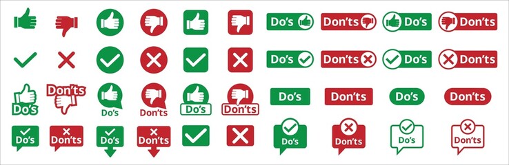 Do's and don'ts icon set. To do and not to do icons. Recommended or not recommended symbol. Assorted symbol of thumb up down. Positive negative signs. Vector stock illustration. - obrazy, fototapety, plakaty