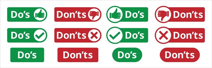 Do's and don'ts icon set. To do and not to do icons. Recommended or not recommended symbol. Vector stock illustration. Tag or label for choice button of advice info graphic.