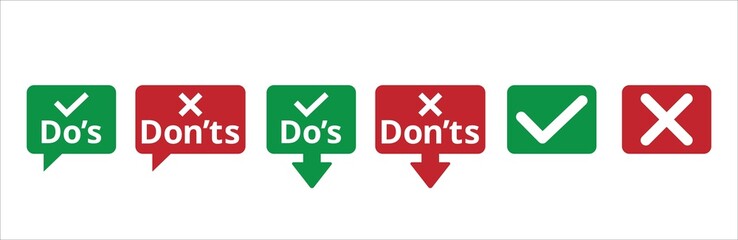 Do's and don'ts icon set. To do and not to do icons. Recommended or not recommended symbol. Vector stock illustration. Tag or label for choice button of advice info graphic with pointed down arrow.